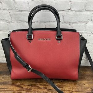 Michael Kors Selma Large Top Zip Satchel Scarlet/Black Handbag 30T3MLMS7T